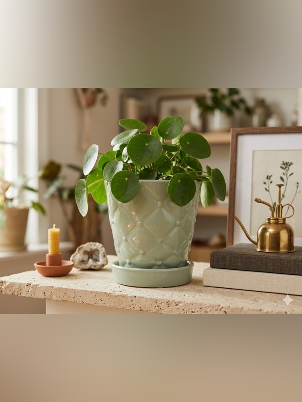 Sage Green Quilted Ceramic Planter with Attached Saucer